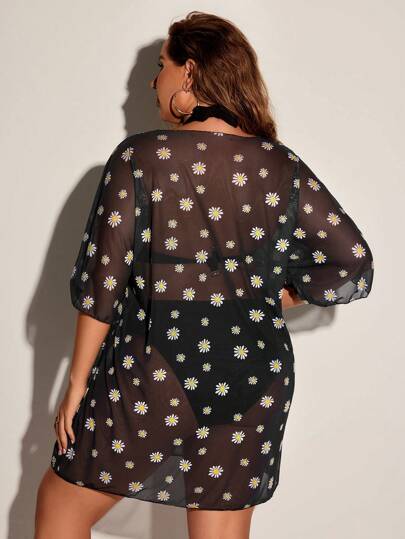 Swim Lushoire غطاء فضفاض مطبوع بنمط الأقحوان، أنيق وملائم وأنيق، له رقبة دائرية وأكمام قصيرة مناسب للصيف، مقاسات كبيرة الحجم