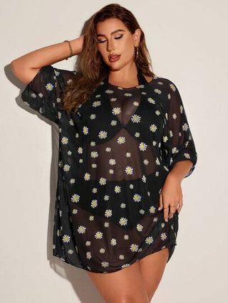 Swim Lushoire غطاء فضفاض مطبوع بنمط الأقحوان، أنيق وملائم وأنيق، له رقبة دائرية وأكمام قصيرة مناسب للصيف، مقاسات كبيرة الحجم