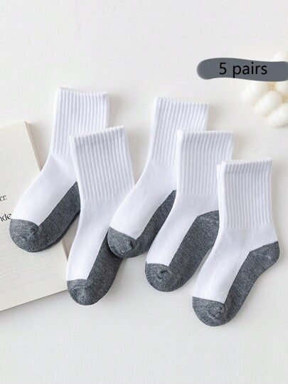 5أزواج جوارب طاقم ذات لون متباين للأطفال/الطلاب، جوارب رياضية مرنة باللون الأسود والأبيض والرمادي لجميع الفصول، للأولاد