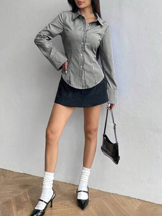 Flirla قميص نسائي بتصميم رفيع وأكمام طويلة بنمط مخطط، ملابس علوية بأكمام طويلة ، ملابس رمضان