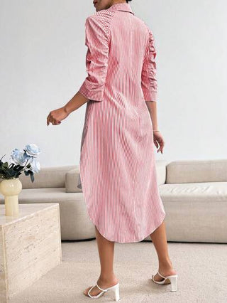 Calvaya فستان كاجوال متوسط الطول بأكمام منتفخة ومنبوذة مزينة بخطوط ومزر على الأمام، لموسم الخريف والسنة الجديدة، ملابس نسائية ماكسي