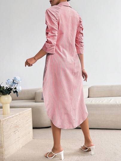 Calvaya فستان كاجوال متوسط الطول بأكمام منتفخة ومنبوذة مزينة بخطوط ومزر على الأمام، لموسم الخريف والسنة الجديدة، ملابس نسائية ماكسي