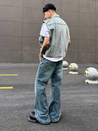 Manfinity EMRG جينز رجالي بأسلوب شارع الرجعية Y2K بلون أزرق فاتح وغسلة عتيقة فليرد