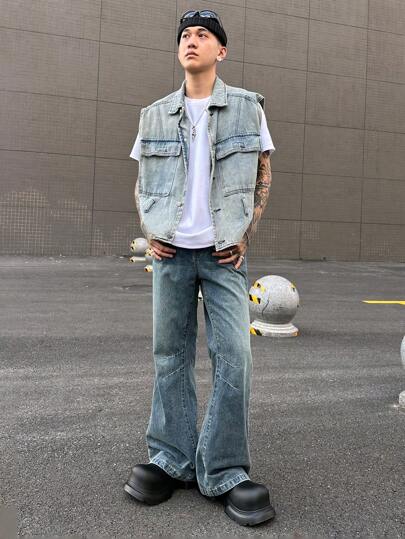 Manfinity EMRG جينز رجالي بأسلوب شارع الرجعية Y2K بلون أزرق فاتح وغسلة عتيقة فليرد