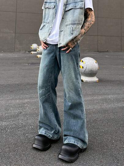 Manfinity EMRG جينز رجالي بأسلوب شارع الرجعية Y2K بلون أزرق فاتح وغسلة عتيقة فليرد