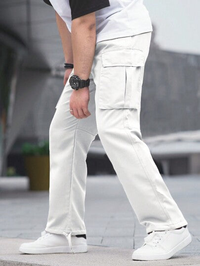 Manfinity Hypemode بنطال كاركو متعدد الجيوب مربوط أماميًا بسيط للبس اليومي الكاجوال للرجال