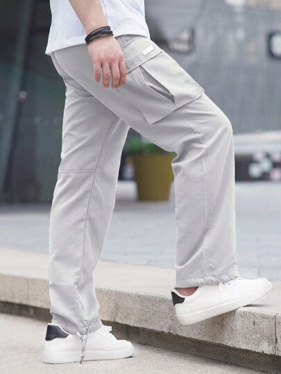 Manfinity Hypemode بنطلون كاجوال متعدد الجيوب للرجال مع ربطة أمامية بسيطة، الترفيه اليومي