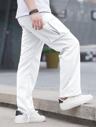 Manfinity Hypemode بنطال كاركو متعدد الجيوب مربوط أماميًا بسيط للبس اليومي الكاجوال للرجال