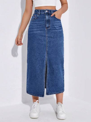 EZwear تنورة جينز نسائية قطعة سستة طويلة بجيوب أمامية مفتوحة