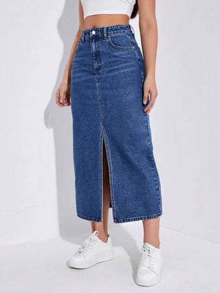 EZwear تنورة جينز نسائية قطعة سستة طويلة بجيوب أمامية مفتوحة