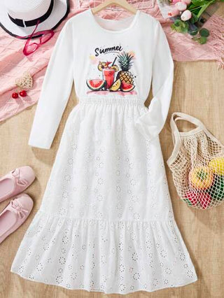 girls-sets مجموعة تي شيرت بأكمام طويلة مطبوع عليها فاكهة وتنورة طويلة بطبعة زهرة مفرغة للفتيات العصريات والمريحات في العطلة والريف