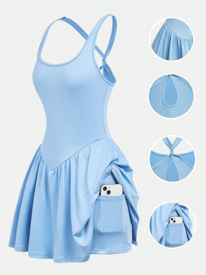 مايوه حريمي قطعة واحدة Girlism فتيات - ملابس اليوغا - اللون الأزرق الفاتح - فستان بلا أكمام مرتفع المرونة مع ليونة في الظهر مربوط بعقدة ملابس داخلية ورياضية