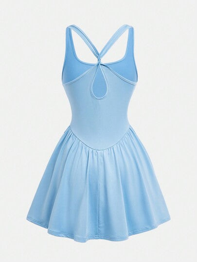 مايوه حريمي قطعة واحدة Girlism فتيات - ملابس اليوغا - اللون الأزرق الفاتح - فستان بلا أكمام مرتفع المرونة مع ليونة في الظهر مربوط بعقدة ملابس داخلية ورياضية