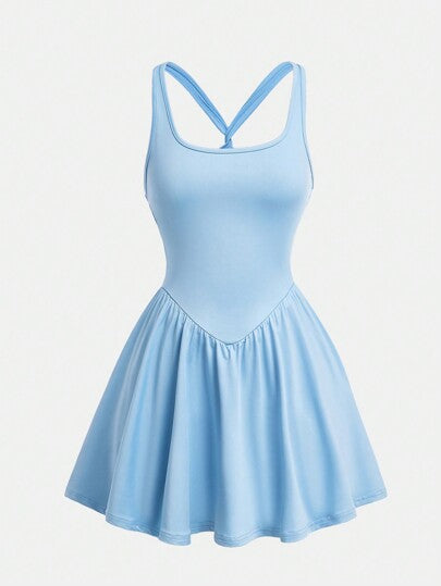 مايوه حريمي قطعة واحدة Girlism فتيات - ملابس اليوغا - اللون الأزرق الفاتح - فستان بلا أكمام مرتفع المرونة مع ليونة في الظهر مربوط بعقدة ملابس داخلية ورياضية