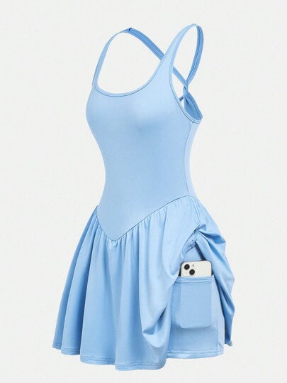 مايوه حريمي قطعة واحدة Girlism فتيات - ملابس اليوغا - اللون الأزرق الفاتح - فستان بلا أكمام مرتفع المرونة مع ليونة في الظهر مربوط بعقدة ملابس داخلية ورياضية