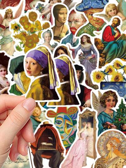 50 قطعة من ملصقات الجرافيتي الفنية للوحات أشهر الفنانين في العالم مقاومة للماء من البلاستيك الصلب المادي مزينة برسوم الكرتون لتزويق الهدايا و الالبومات و حقائب اللابتوب و الأمتعة و الجيتار وأكواب الماء وأغطية الهواتف، قابلة للتزيين الذاتي