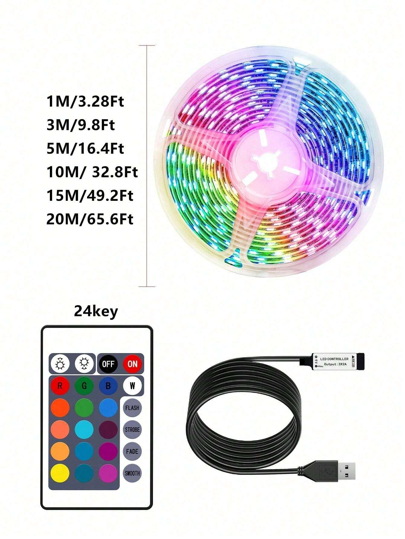 1 قطعة 3.28 قدم / 9.8 قدم / 16.4 قدم / 32.8 قدم / 65.6 قدم شريط إضاءة LED 5050 RGB بتحكم عن بعد 24 مفتاح يغير الألوان، أضواء زخرفية لاحتفالات العطلات والحفلات والغرف والمطبخ والتلفزيون وديكور المنزل
