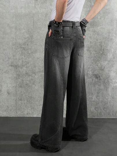 Manfinity Denimwave جينز رجالي فضفاض واسع الساق لون رمادي غامق، جينز كارجو أسود بلون واحد غير مغسول، هدية للزوج أو الحبيب