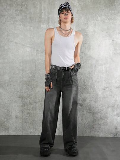 Manfinity Denimwave جينز رجالي فضفاض واسع الساق لون رمادي غامق، جينز كارجو أسود بلون واحد غير مغسول، هدية للزوج أو الحبيب