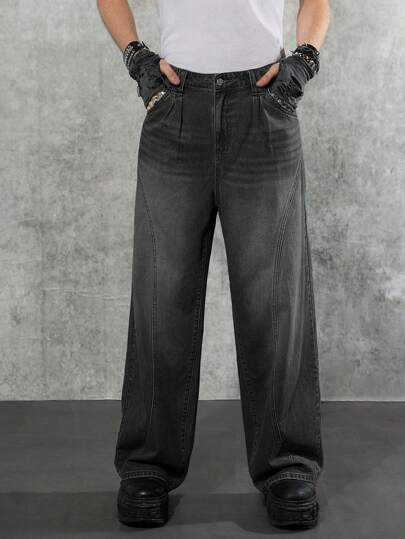 Manfinity Denimwave جينز رجالي فضفاض واسع الساق لون رمادي غامق، جينز كارجو أسود بلون واحد غير مغسول، هدية للزوج أو الحبيب