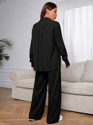 طقم حريمي قطعتين EZwear زي عارضة نسائية أسود مناسب مؤلف من بنطلون وقميص فضفاض بأكمام طويلة وكتفين منخفضة لباس عارضة عادي