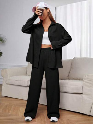 طقم حريمي قطعتين EZwear زي عارضة نسائية أسود مناسب مؤلف من بنطلون وقميص فضفاض بأكمام طويلة وكتفين منخفضة لباس عارضة عادي