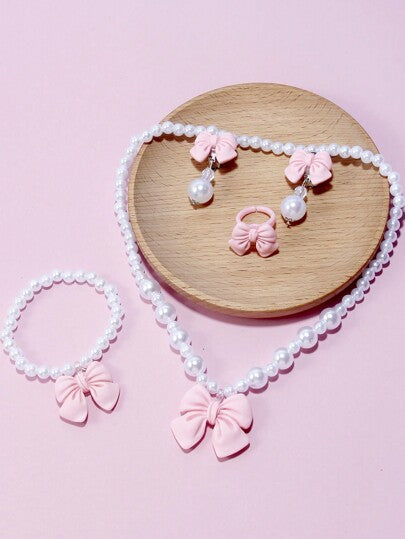 5قطع/مجموعة طقم إكسسوارات المجوهرات للأطفال شامل قلادة بفيونكة اللؤلؤ، أساور، أقراط، خواتم
