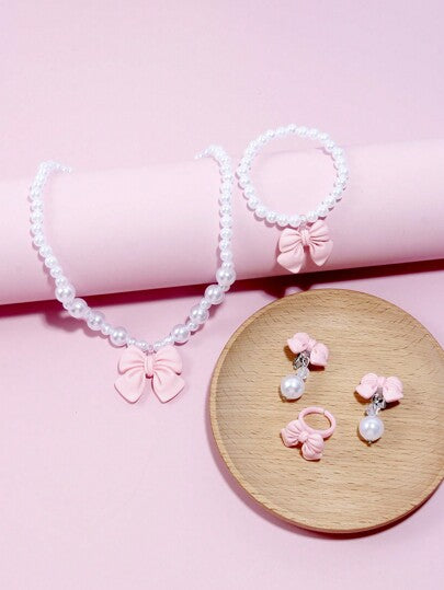5قطع/مجموعة طقم إكسسوارات المجوهرات للأطفال شامل قلادة بفيونكة اللؤلؤ، أساور، أقراط، خواتم