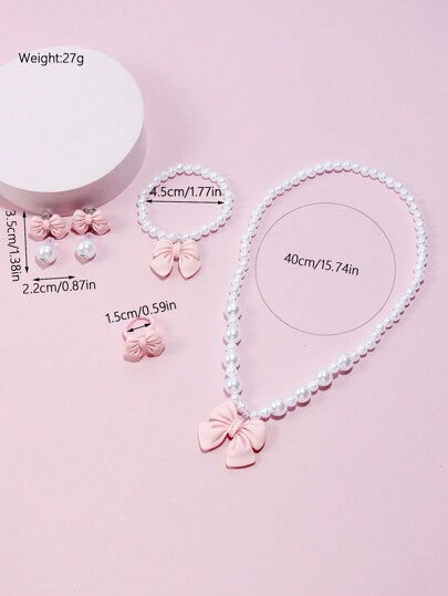 5قطع/مجموعة طقم إكسسوارات المجوهرات للأطفال شامل قلادة بفيونكة اللؤلؤ، أساور، أقراط، خواتم