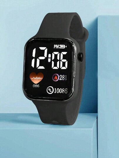 ساعة إلكترونية مربعة للأطفال بتصميم رسوم متحركة تحتوي على لوحة مفاتيح رقمية وسوار وقلادة مجوهرات كهدية للأطفال (3 قطع)