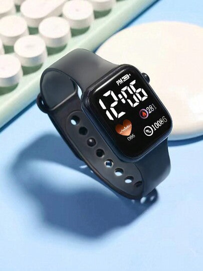 ساعة إلكترونية مربعة للأطفال بتصميم رسوم متحركة تحتوي على لوحة مفاتيح رقمية وسوار وقلادة مجوهرات كهدية للأطفال (3 قطع)