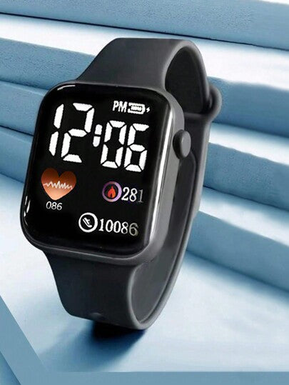 ساعة إلكترونية مربعة للأطفال بتصميم رسوم متحركة تحتوي على لوحة مفاتيح رقمية وسوار وقلادة مجوهرات كهدية للأطفال (3 قطع)