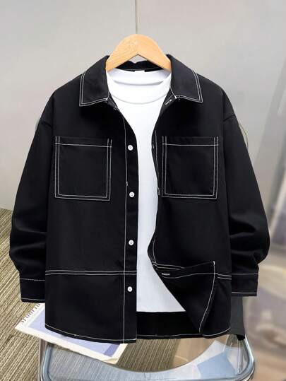 SHEIN قميص نسيجي بأكمام طويلة لتويز بتصميم ألوان مقطعة، مع خطوط ملونة، جيوب وياقة، مناسب للحياة اليومية والمدرسة واللباس الكاجوال والعطلات والرياضة، مثالي لجميع المواسم