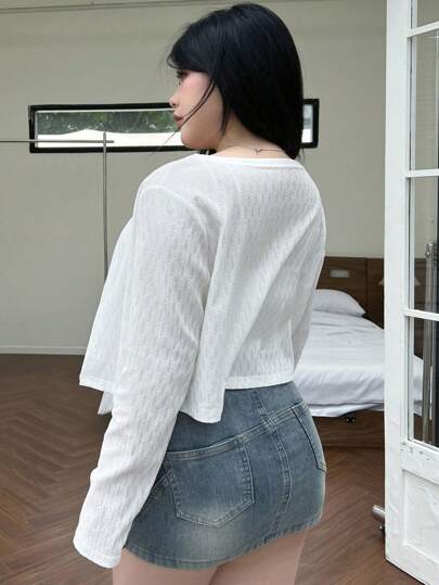 Dazy Petite Plus غطاء من قطعة واحدة بأكمام طويلة للنساء باللون الأبيض اللون الأبيض الصلب، للربيع / الصيف