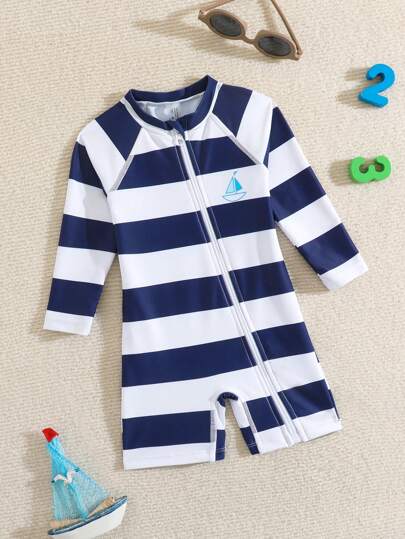 مايوه أولادي بدلة سباحة للأولاد الرضع مطبوعة بخطوط ألوان متباينة