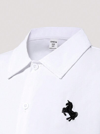 قميص بأكمام طويلة فضفاض عادي بطبعة مطرزة للأحصنة لصبي المراهق، الربيع والصيف