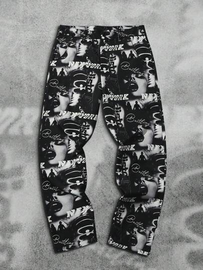 Manfinity EMRG بنطال كارجو طويل ملائم للشارع بطباعة بيكسلية باللونين الأبيض والأسود عصرية، بطراز Y2K، بتصميم استقامة الساق واسع البناء، مناسب للرجال، هدايا للزوج أو الصديق