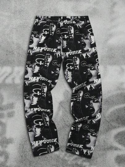 Manfinity EMRG بنطال كارجو طويل ملائم للشارع بطباعة بيكسلية باللونين الأبيض والأسود عصرية، بطراز Y2K، بتصميم استقامة الساق واسع البناء، مناسب للرجال، هدايا للزوج أو الصديق