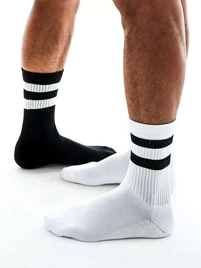1 / 2 / 6 / 8 أزواج من جوارب رياضية طويلة بخطوط سوداء وبيضاء للرجال ، جوارب رياضية لياقة بطول الركبة ، جوارب مشتركة بين الجنسين
