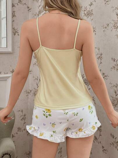 CottageSlumber مجموعة بيجامة من السترة الرباطية ذات اللون الداكن والشورت ذو طباعة زهرية للنساء