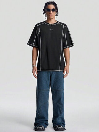 AXEPEAK قميص تريكو بياقة مستديرة وأكمام قصيرة مطرز للرجال، صيفي، أنيق، هدية للحبيب، للخروج، أسلوب الملابس الشارعية، إيمو