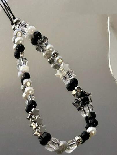 سلسلة هاتف سليكون DIY ، سلسلة هاتف شفافة على شكل نجوم بطراز كوري ، سلسلة كاميرا مزخرفة عشوائية اللؤلؤ بتصميم سيدة سوداء أنيقة، إكسسوار تزييني عصري للسيدات ضد الفقد