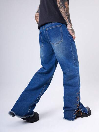 Manfinity Denimwave بنطلون جينز رجالي واسع بتصميم خداع من الحبال عند الأطراف باللون الأزرق الداكن المغسول، جينز أزرق داكن مغسول بسيط، هدية للزوج والصديق