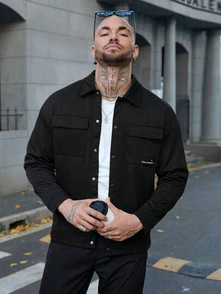 Manfinity Homme جاكيت العمل البليزر الرجالي ذات الجيب الأسود المحبوك البسيط الأنيق ، الملابس الرياضية ، الأكمام الطويلة ، للخروج ، الأساسية ، هدية الحبيب ، الكارجو