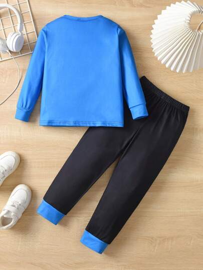 طقم بيجاما كاجوال لطفل شابمكون من 2 قطعة بطباعة رسومات ضابط شرطة ذو رقبة دائرية، عام 2024، ملابس منزلية للأطفال