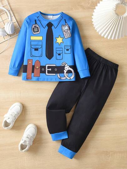 طقم بيجاما كاجوال لطفل شابمكون من 2 قطعة بطباعة رسومات ضابط شرطة ذو رقبة دائرية، عام 2024، ملابس منزلية للأطفال