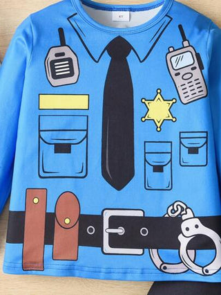 طقم بيجاما كاجوال لطفل شابمكون من 2 قطعة بطباعة رسومات ضابط شرطة ذو رقبة دائرية، عام 2024، ملابس منزلية للأطفال