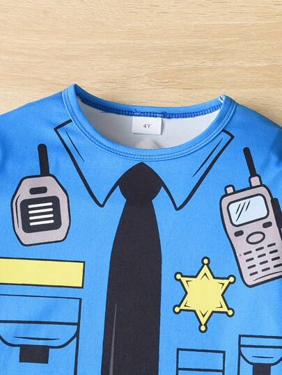 طقم بيجاما كاجوال لطفل شابمكون من 2 قطعة بطباعة رسومات ضابط شرطة ذو رقبة دائرية، عام 2024، ملابس منزلية للأطفال