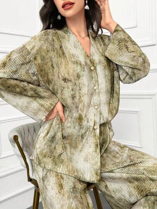 Modelyn مجموعة ملابس علوية كم طويل ذات الأكتاف المنسدلة والسراويل الفضفاضة الكاجوال المطبوعة بطريقة البطيك، قطعتين من مجموعة ربيع صيف