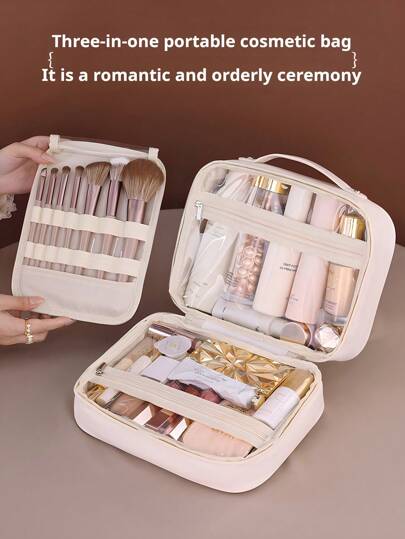 حقيبة مكياج متعددة الوظائف قطعة واحدة، حقيبة مكياج محمولة بسعة كبيرة مقاومة للماء من البولي يوريثان، حقيبة فرشاة المكياج قابلة للفصل، منظم محمول لتخزين أحمر الشفاه والمستحضرات